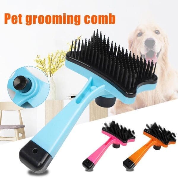 Plastic Push Pet Groom Bath Brush Pink Blue Yellow Orange - BLUE