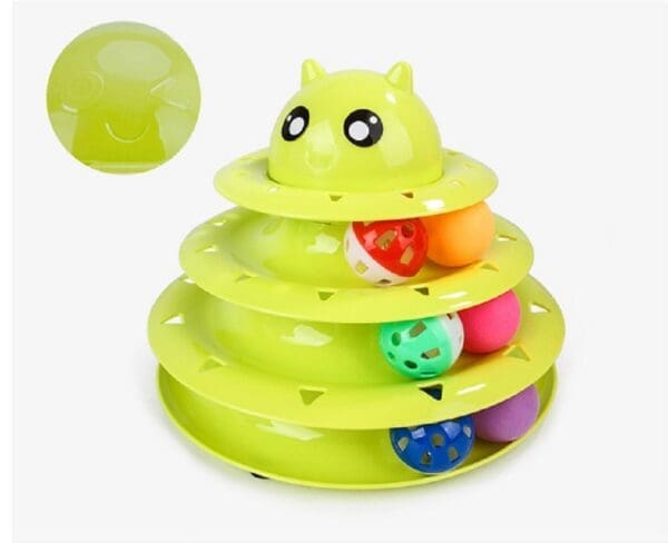 Three Tier Rotary Cat Toy with Bell Ball Blue Pink Green - Green