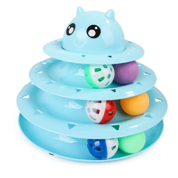 Three Tier Rotary Cat Toy with Bell Ball Blue Pink Green - BLUE