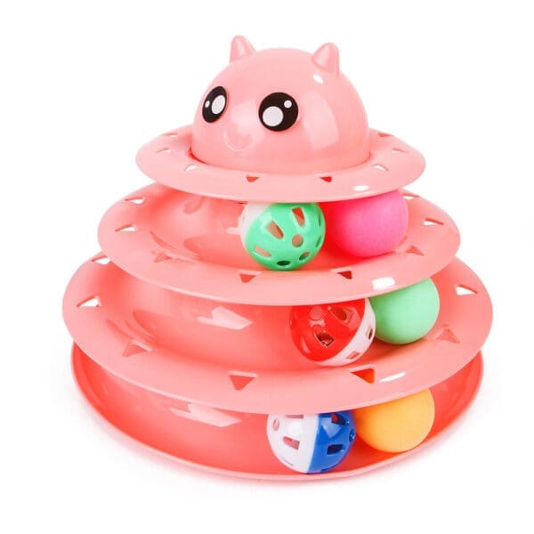 Three Tier Rotary Cat Toy with Bell Ball Blue Pink Green - Pink