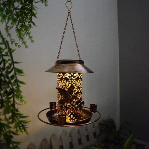 Solar Bird Feeder Hanging Lantern Warm White Light Colorful Brass - Brass