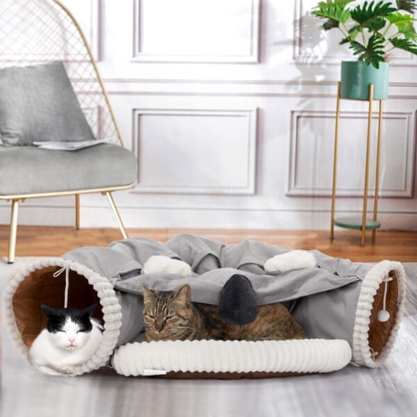 Collapsible Cat Tunnel Bed with Toys Coffee Yellow Gray - Gray