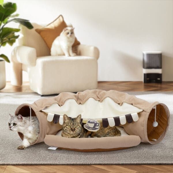 Collapsible Cat Tunnel Bed with Toys Coffee Yellow Gray - Coffee