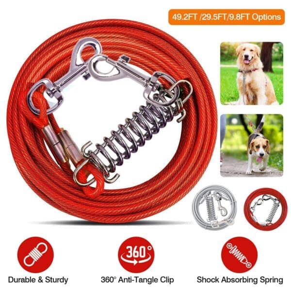 Dog Tie Out Cable with Rotatable Clips Grey Red 15m 3m 9m - Red 3M