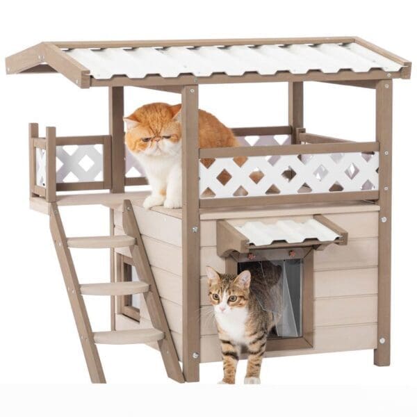 Wood Pet House With Roof Balcony White Brown Pets