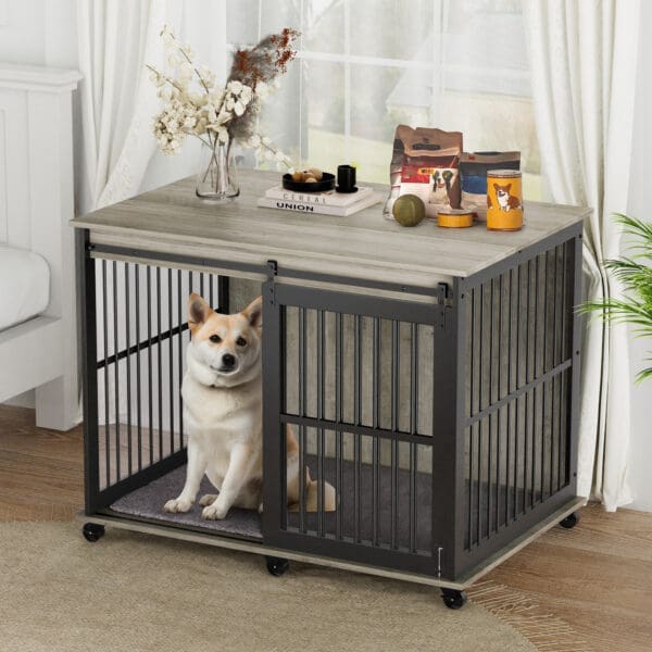 Furniture Dog Crate with Sliding Iron Door Grey Rustic Brown - grey