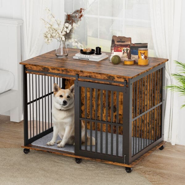 Furniture Dog Crate with Sliding Iron Door Grey Rustic Brown - Rustic Brown