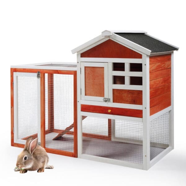 2-Story Wooden Rabbit Hutch Red White