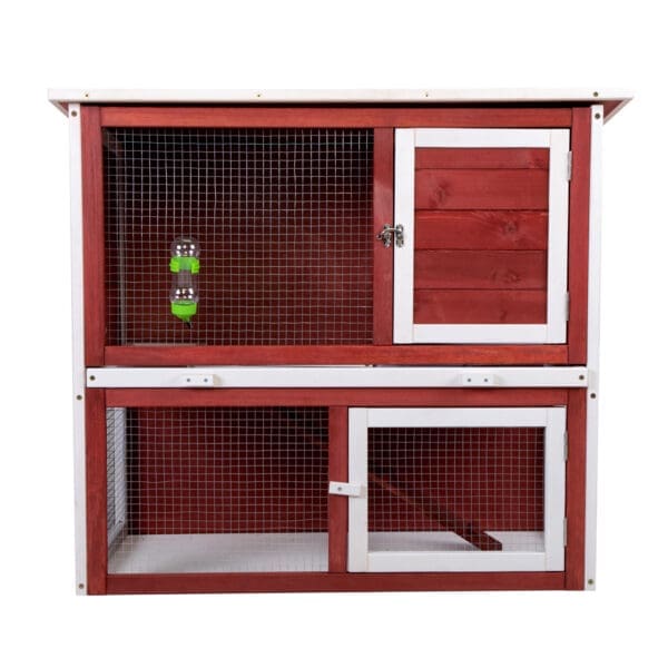 Wood Rabbit Hutch with Ramp and Tray Red and White