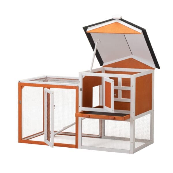 2-Story Wooden Rabbit Hutch Bunny Cage Orange White