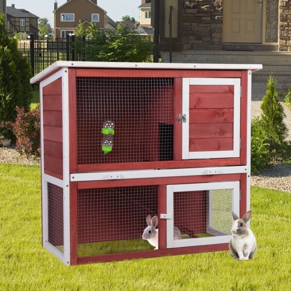 Wooden Rabbit Hutch with Pull Out Tray Red and White