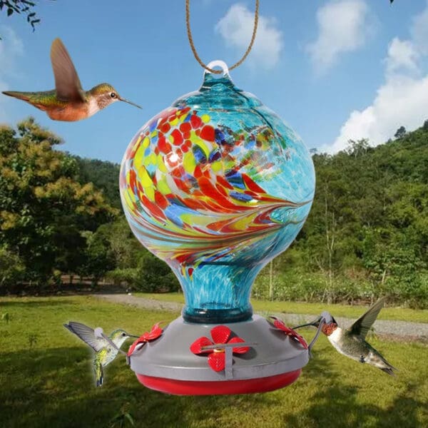 Hummingbird Feeders For Outdoors Hand Blown Glass Colorful