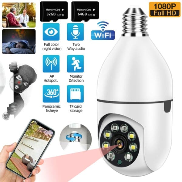 Pet Surveillance Camera E27 LED Light Bulb 360° WiFi 1080P with Options - Single camera