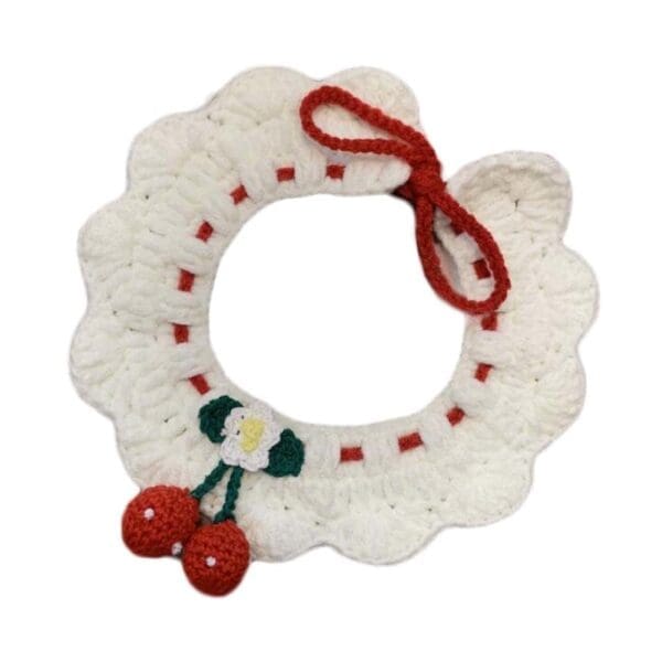 White Pet Knitted Collar Crochet Cherry Bib