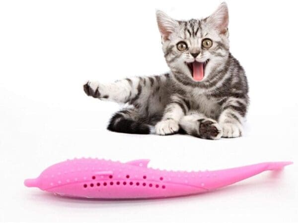 Fish Shape Silicone Cat Toothbrush with Catnip blue white pink - Pink