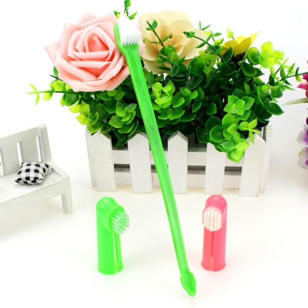 Two Headed Dog Toothbrush Set with Finger Brushes red pink blue green - Green