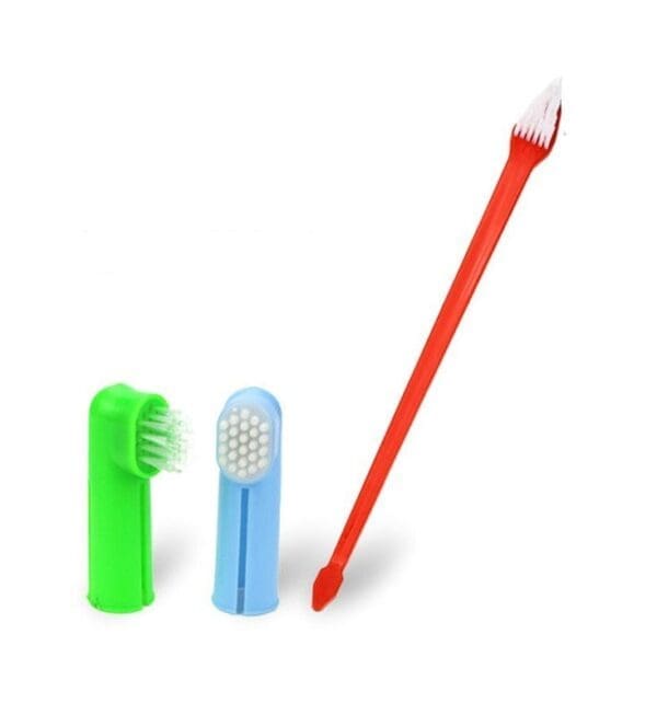 Two Headed Dog Toothbrush Set with Finger Brushes red pink blue green - Red