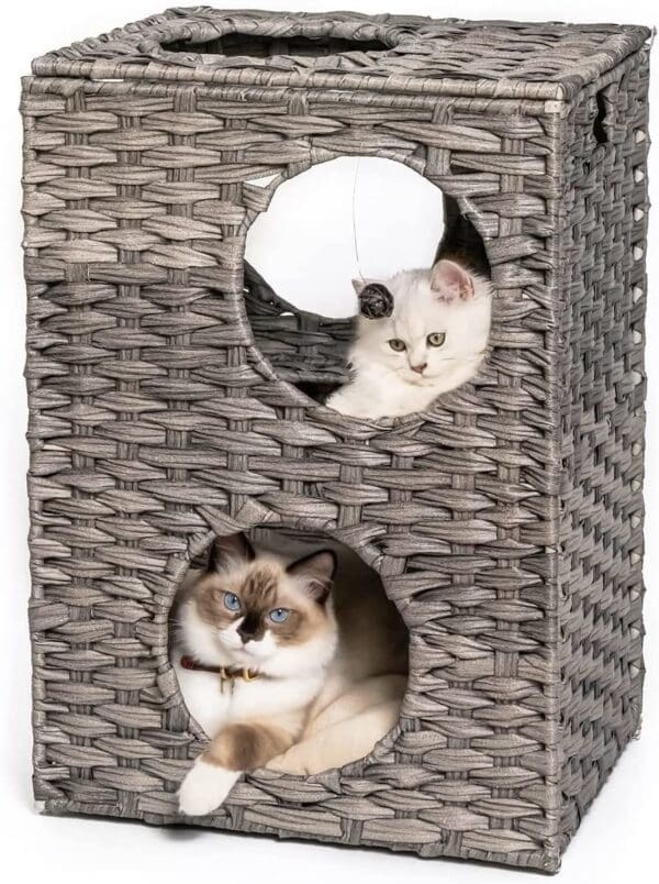 MEWOOFUNCat House Wicker Cat Bed Brown Grey - grey