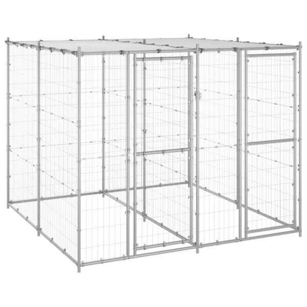 Outdoor Dog Kennel Galvanized Steel with Roof Silver