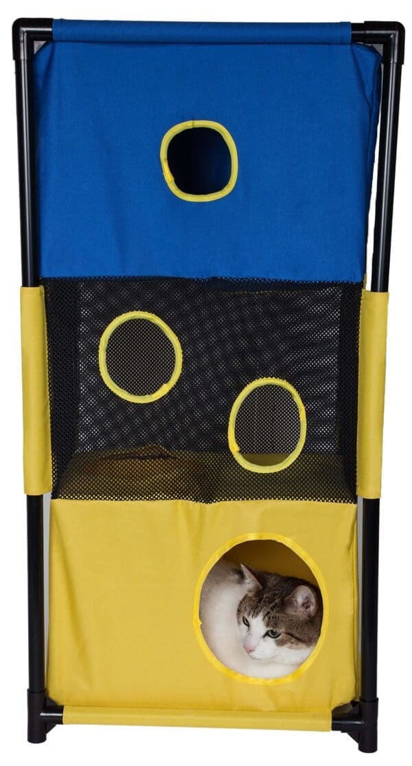 Pet Life Kitty-Square Obstacle Collapsible Cat House Black White Pink Grey Khaki Brown Blue Yellow - Blue Yellow