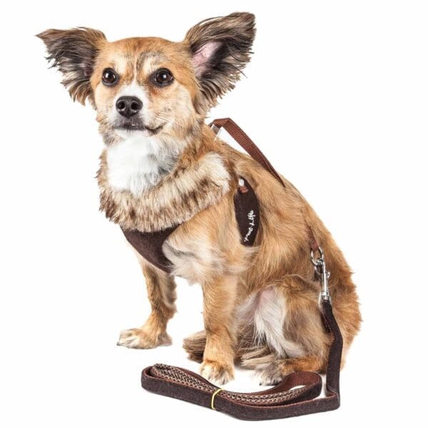 Pet Life Luxe Furracious Dog Harness-Leash w- Fur Collar Khaki Brown X-Small Large Medium Small - Brown Medium