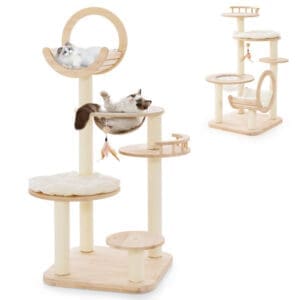 Large Wooden Cat Tower Beige