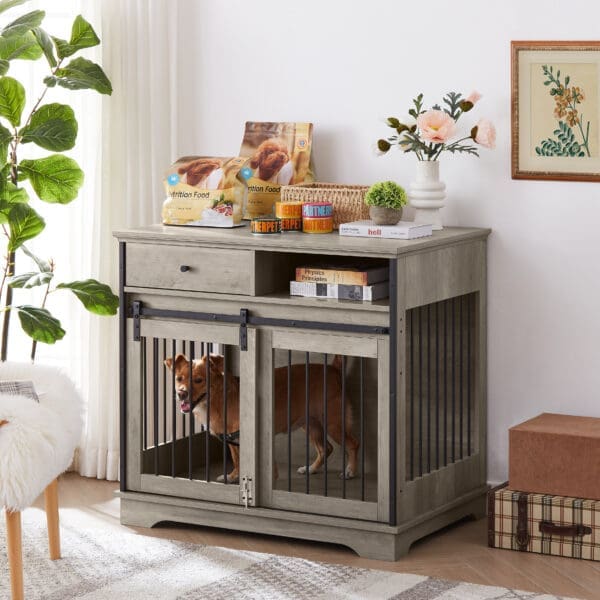 Sliding Door Dog Crate with Drawers Grey