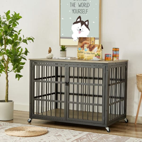 Furniture Style Dog Crate with Wrought Iron Frame Door Rustic Brown Grey - grey