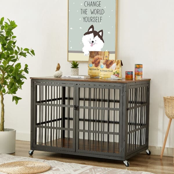 Furniture Style Dog Crate with Wrought Iron Frame Door Rustic Brown Grey - Rustic Brown