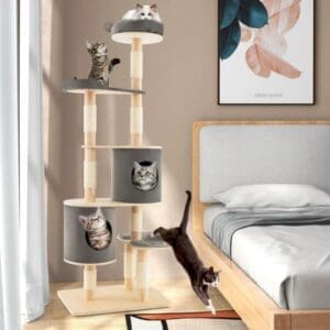 6-Tier Wooden Cat Tree Gray Brown - Gray