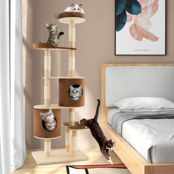 6-Tier Wooden Cat Tree Gray Brown - Brown