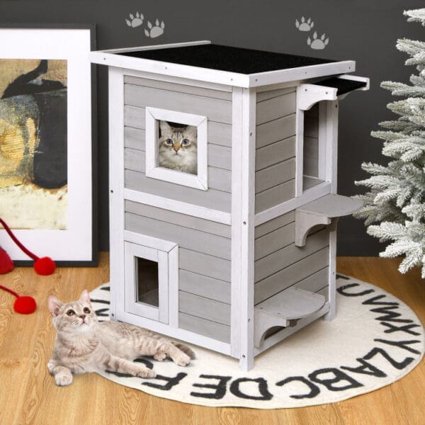 2-Story Wooden Cat House Gray