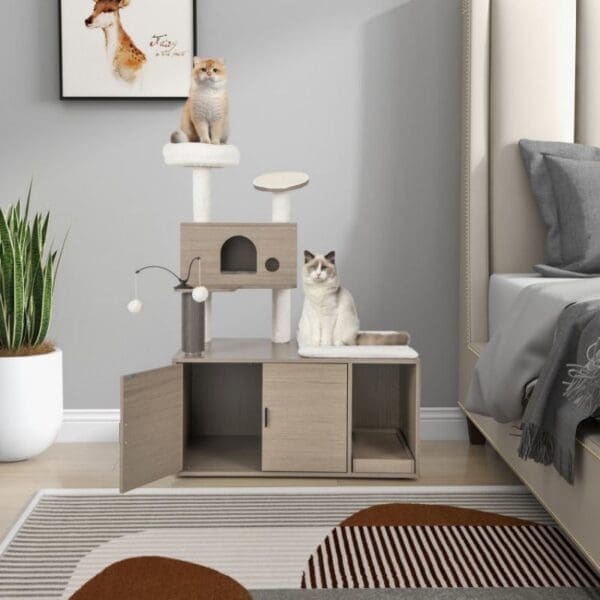 Modern Cat Tower with Litter Box Gray