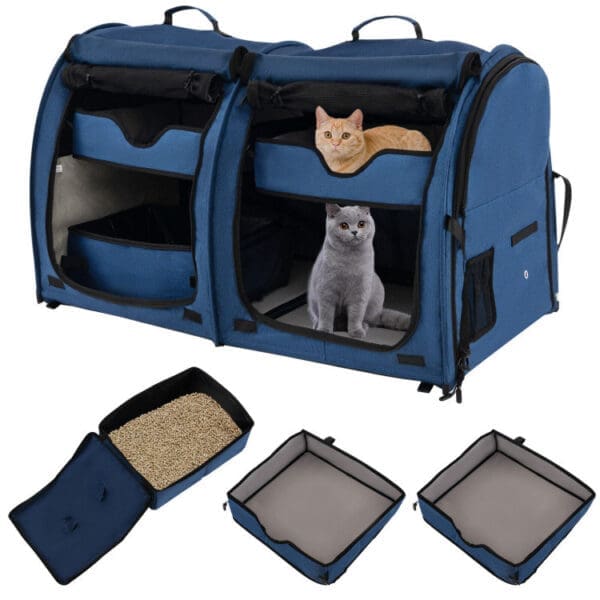 Double Compartment Pet Carrier with Hammocks Navy Blue Black Brown - Navy blue