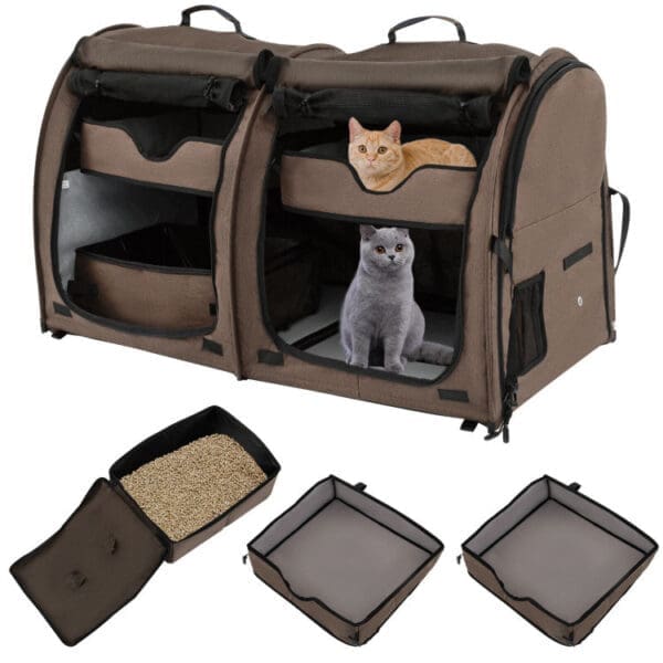 Double Compartment Pet Carrier with Hammocks Navy Blue Black Brown - Brown