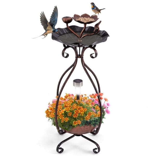 Solar Outdoor Bird Bath Feeder Combo Bronze, Copper - Image 2