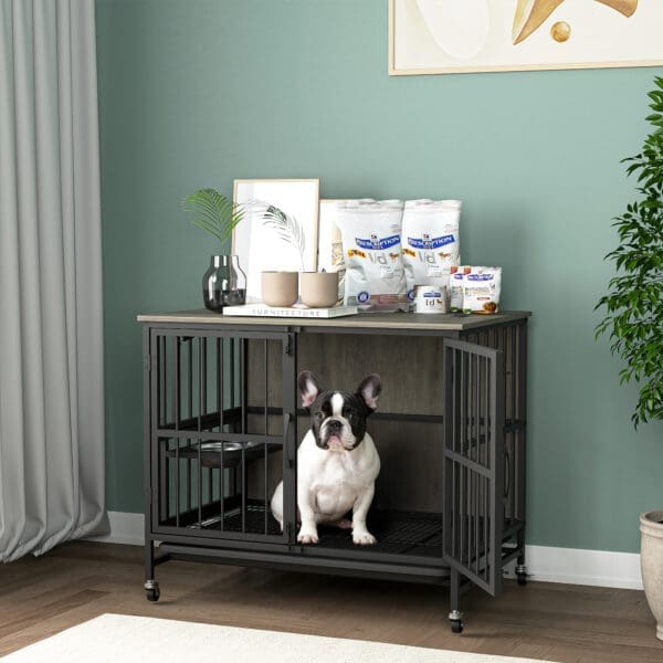 Modern Kennel Dog Crate Furniture Multi-Purpose Tray Antique Brown Antique Gray - Antique Gray