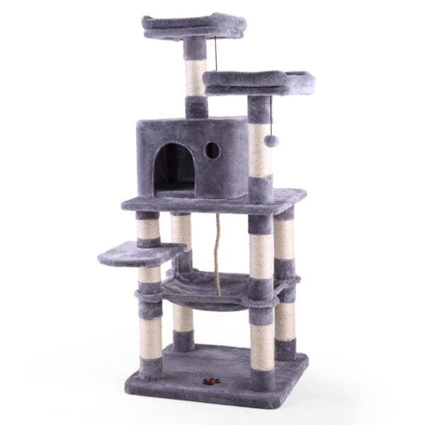 Multi-Level Cat Condo with Hammock and Scratching Posts Light Gray